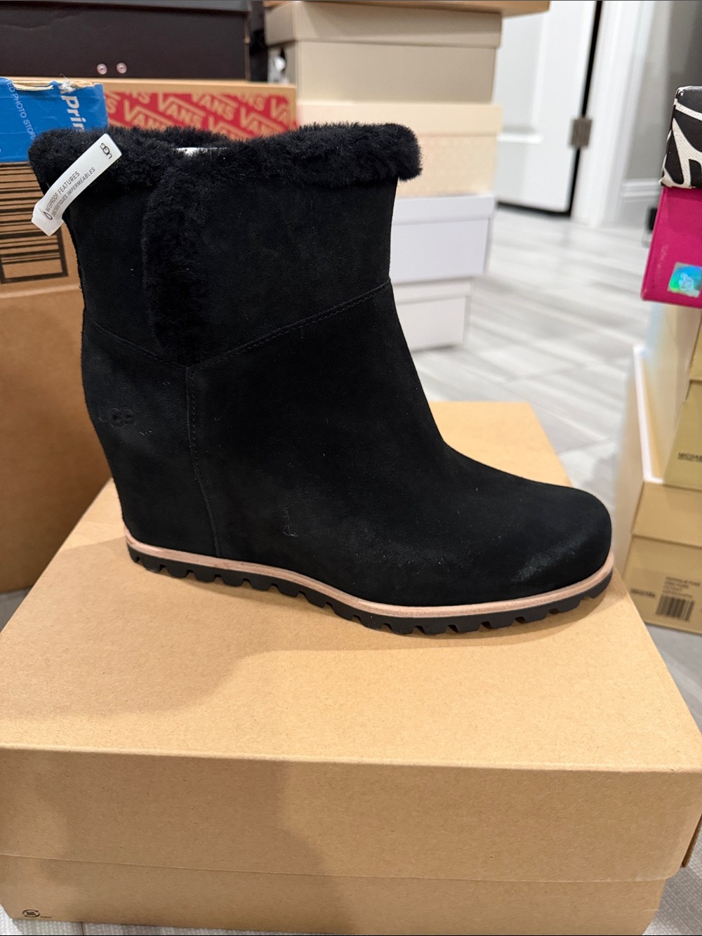 Ugg Women’s Black Suede Wedge Ankle Boot with Fur Trim